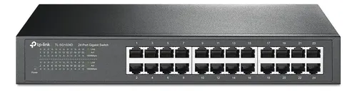 Vista frontal do Switch TP-Link TL-SG1024D com suas 24 portas Gigabit e LEDs indicadores.