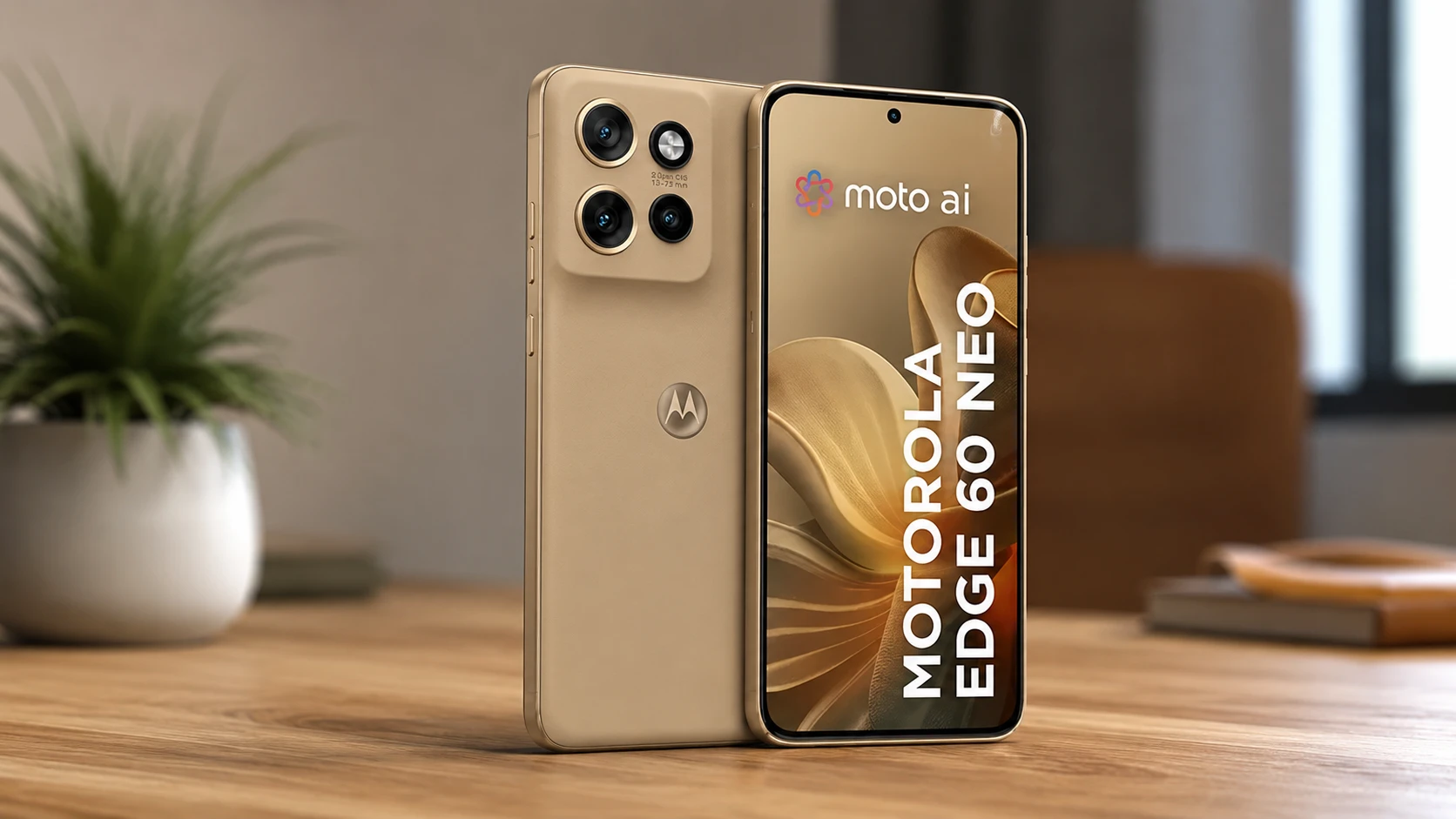 Motorola Edge 60 Neo dourado exibido de frente e de cos