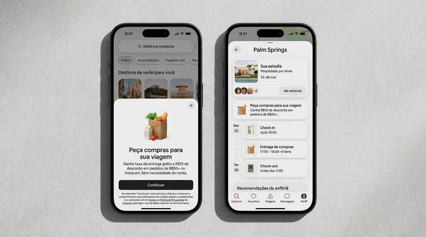 Tela do aplicativo Airbnb destaca novos serviços, experiências e recursos de inteligência artificial anunciados para iPhone.