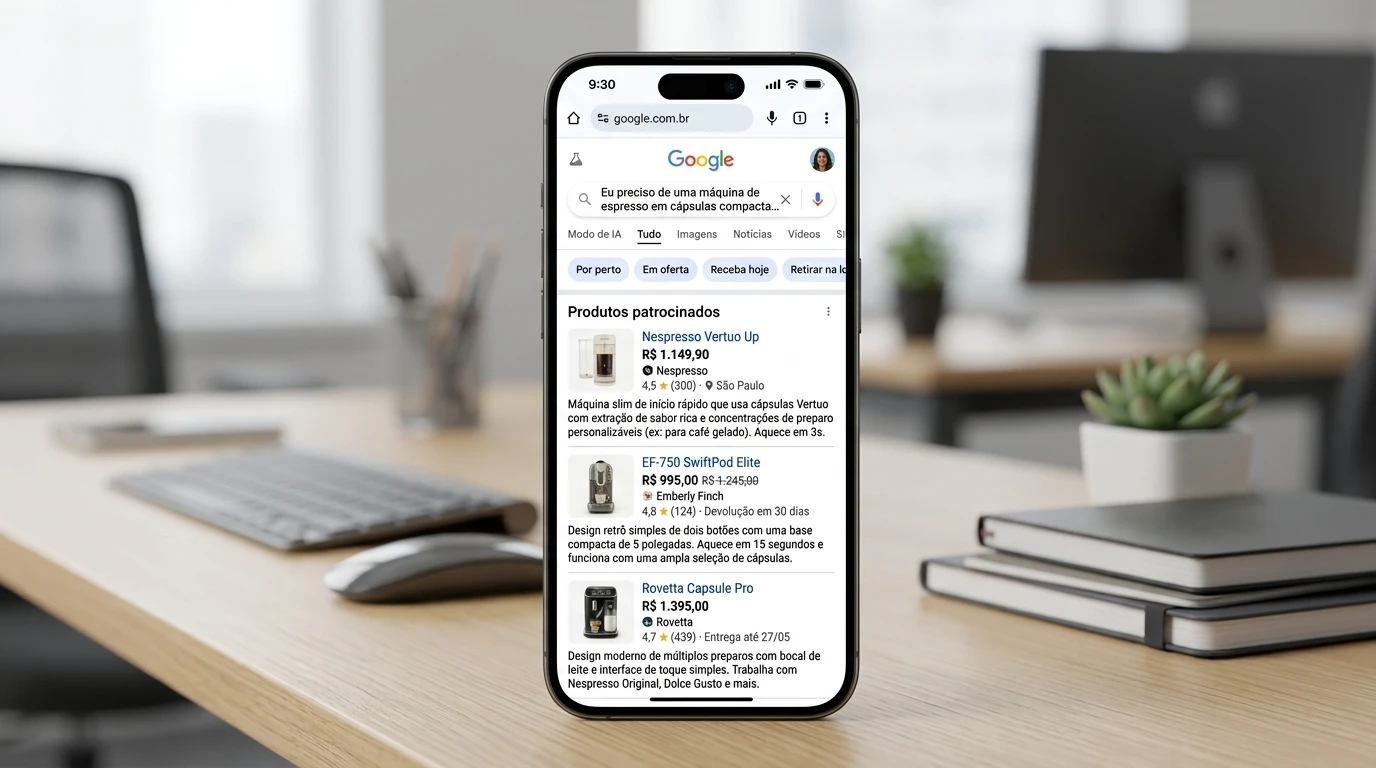 Smartphone exibindo busca do Google com respostas de IA e anúncios em uma mesa de escritório