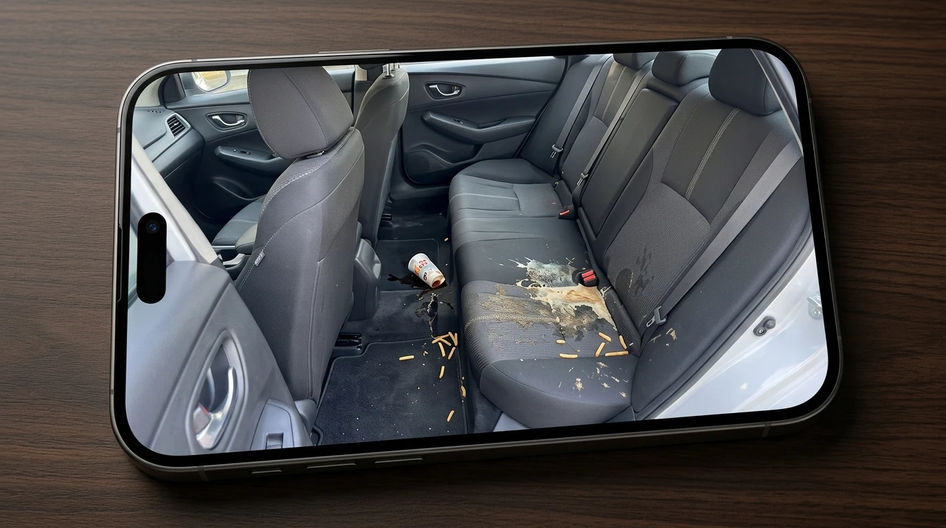 Interior de carro com sujeira no banco traseiro exibido na tela de um celular, ilustrando fraude com imagem editada por inteligência artificial.