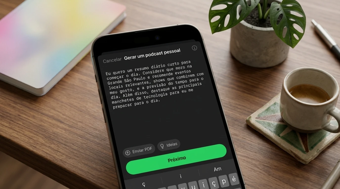 Tela do Spotify em um smartphone mostrando a criação de um podcast pessoal gerado por IA sobre uma mesa de madeira, ao lado de uma xícara de café.