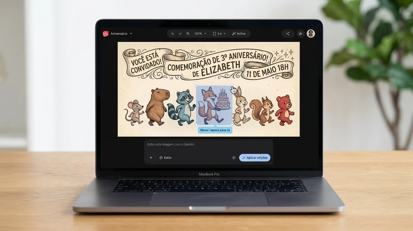 Notebook sobre uma mesa exibindo uma ferramenta de IA do Google para criação e edição de imagens com ilustração na tela.