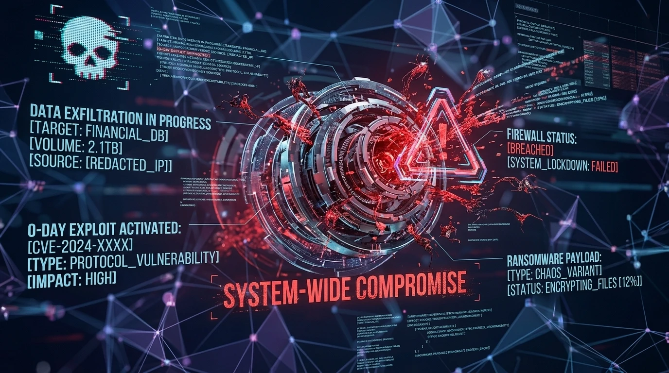 Ilustração de alerta de cibersegurança com código digital, símbolo de hacker e mensagem de comprometimento do sistema.
