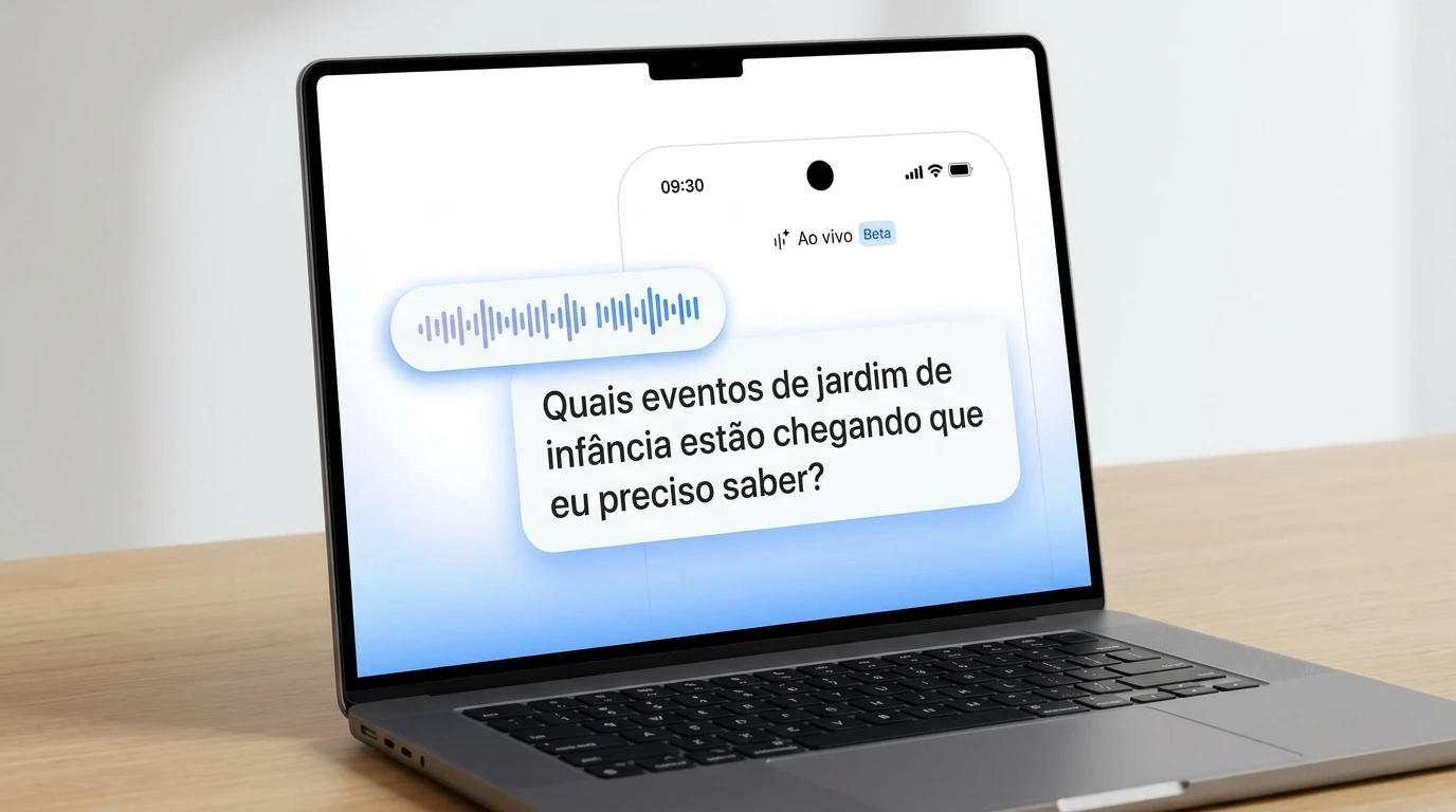 Tela promocional do Gmail Live em um notebook, mostrando um comando por voz e uma mensagem perguntando sobre eventos do jardim de infância.