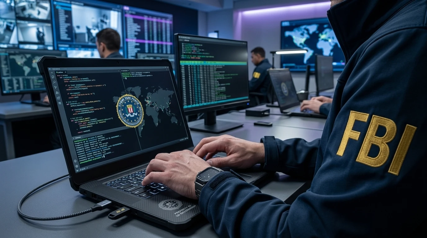 Agente do FBI usando laptop em sala de monitoramento digital, representando vigilância em massa, compartilhamento de dados e segurança pública ligados ao caso Seattle Shield.