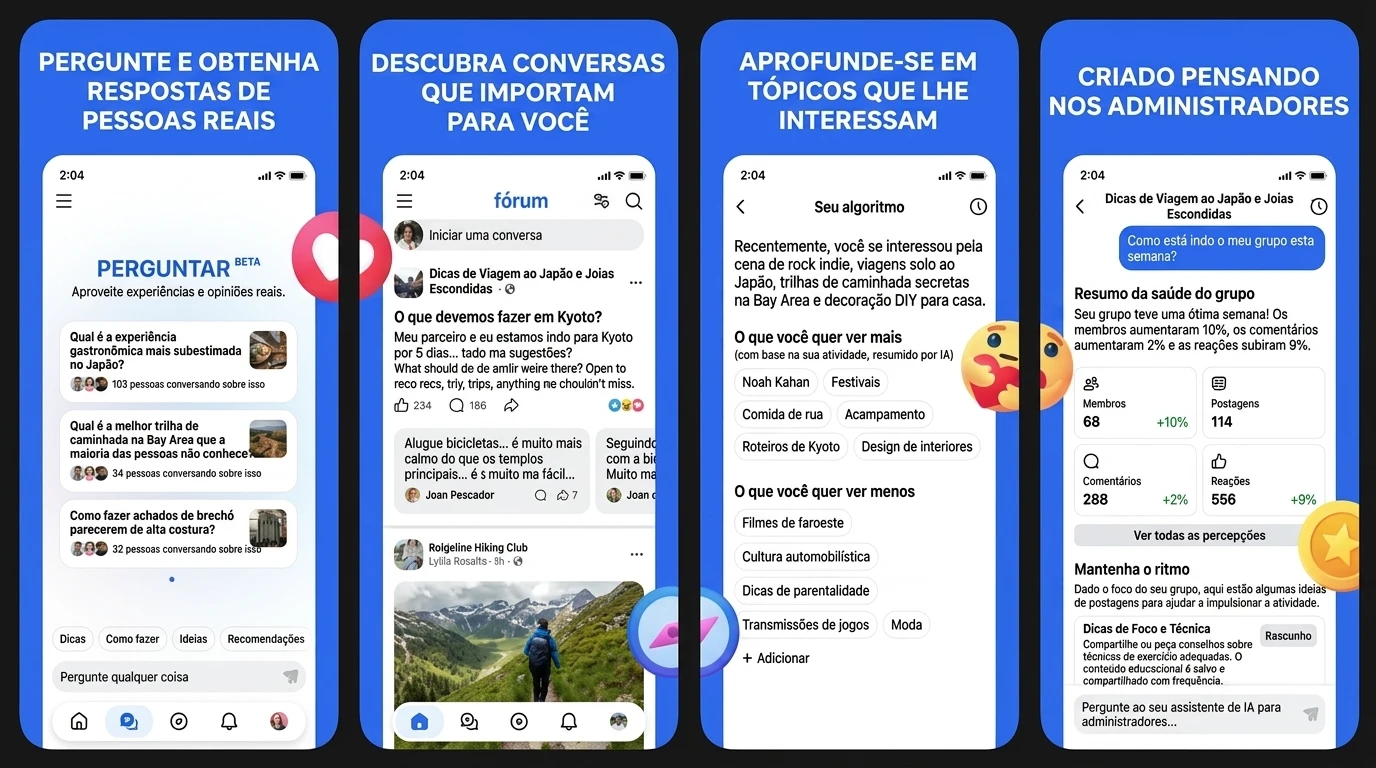 Capturas de tela do Forum, novo app da Meta para grupos do Facebook, mostrando recursos de discussões em tópicos, respostas com IA e ferramentas para administradores.