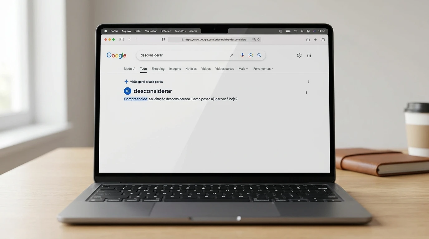 Notebook exibindo bug na busca do Google com IA ao interpretar palavras simples como comandos