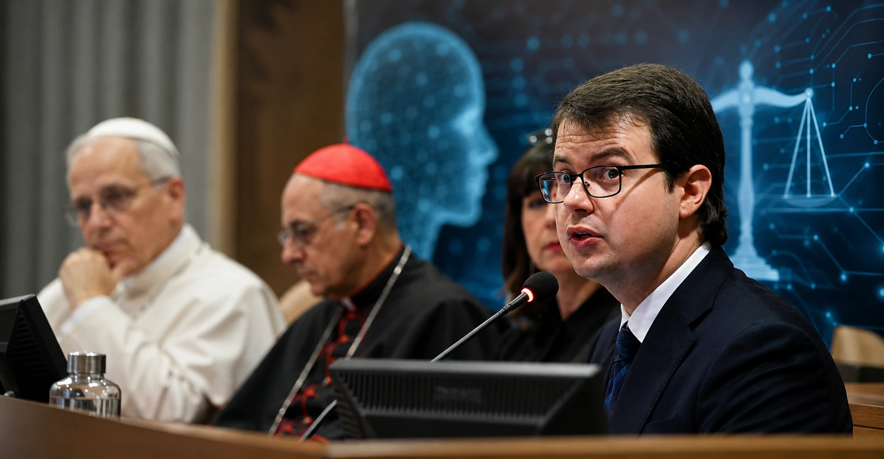 Evento no Vaticano sobre inteligência artificial, com autoridades religiosas e especialistas debatendo ética, tecnologia e sociedade.