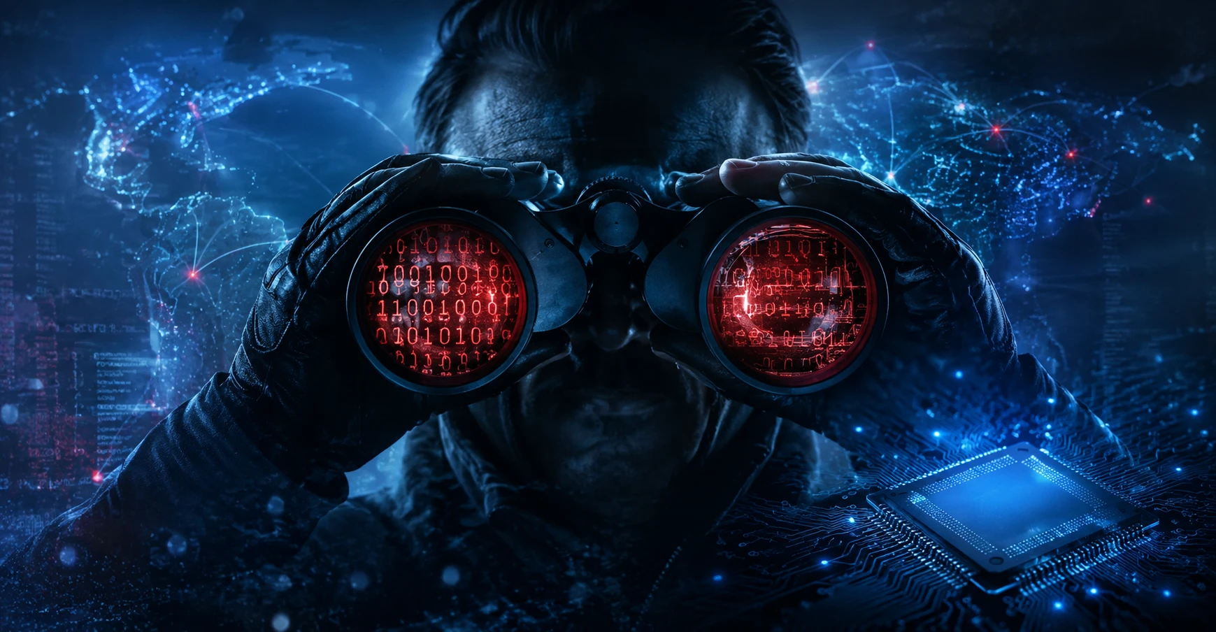 Pessoa em ambiente escuro usando binóculos com reflexos vermelhos, representando IA na espionagem e vigilância tecnológica.