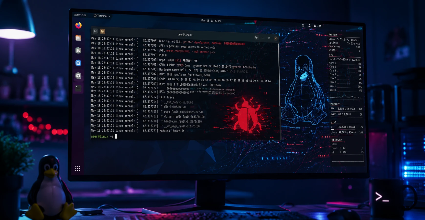 Tela de computador com códigos e alerta visual, representando o uso de IA no Linux e revisões automatizadas no kernel.