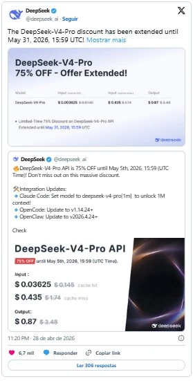 Publicação da DeepSeek no X anuncia desconto de 75% no modelo DeepSeek V4 Pro, com novos preços de tokens para entrada e saída da API.