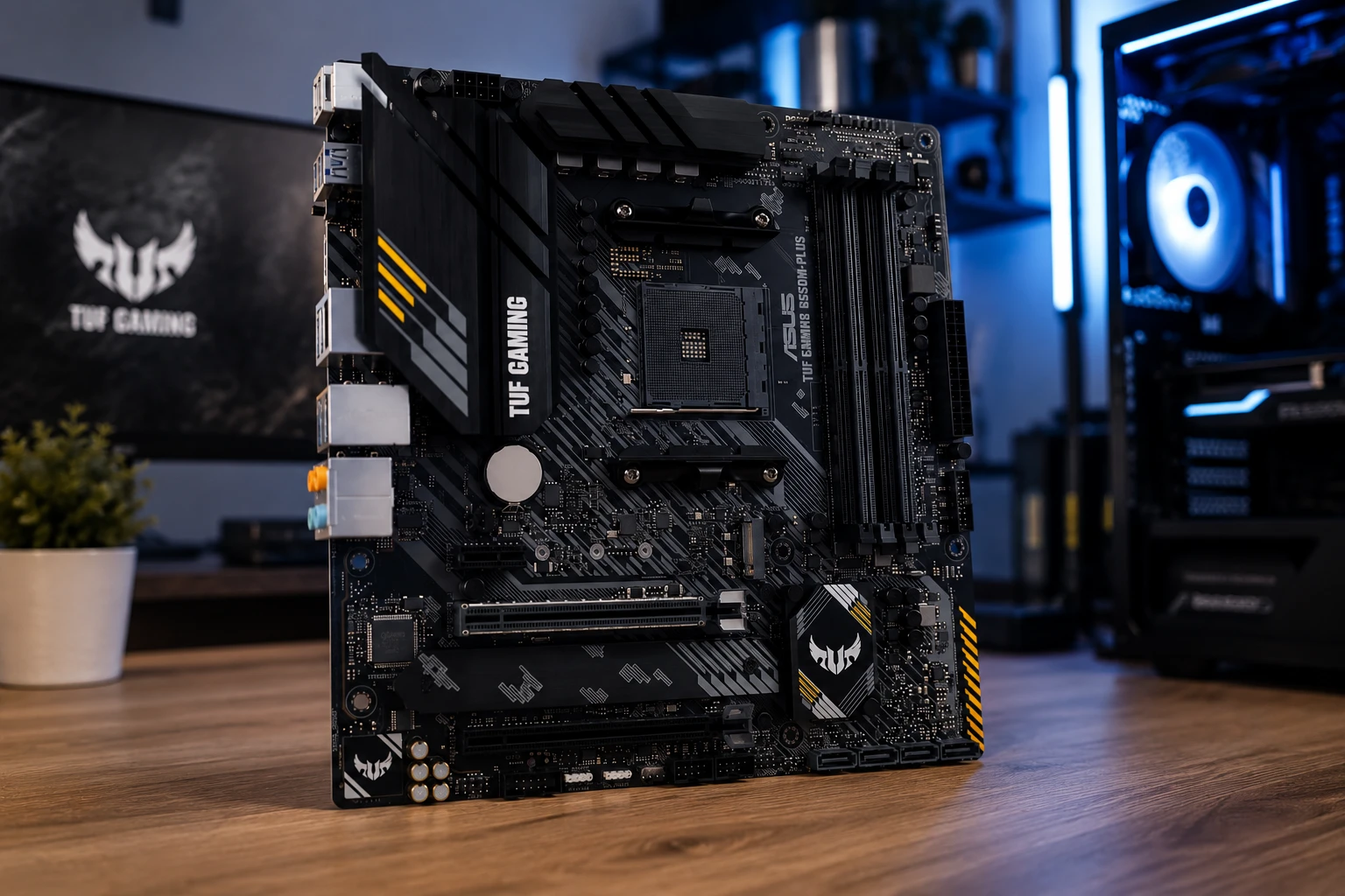 Placa-mãe Asus B550M-Plus TUF Gaming em detalhes, exibindo o soquete AM4, slots DDR4 e dissipadores de calor.