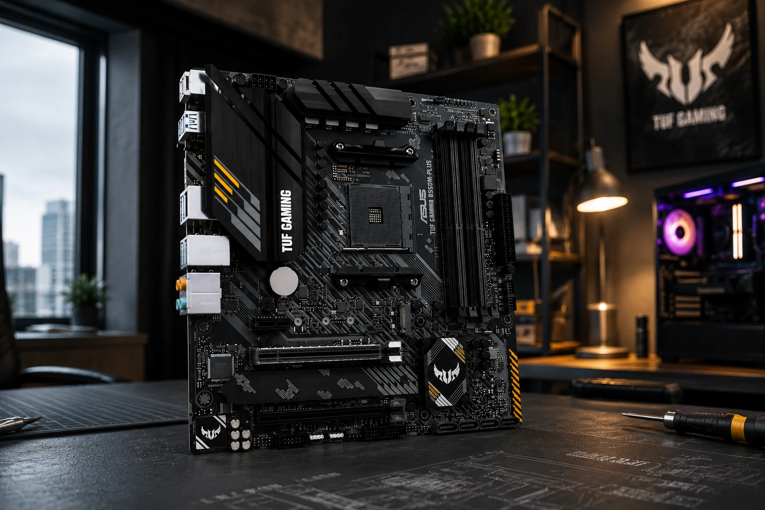 Detalhe do VRM e dissipadores de calor da Placa-mãe Asus B550M-Plus TUF Gaming, indicando robustez.