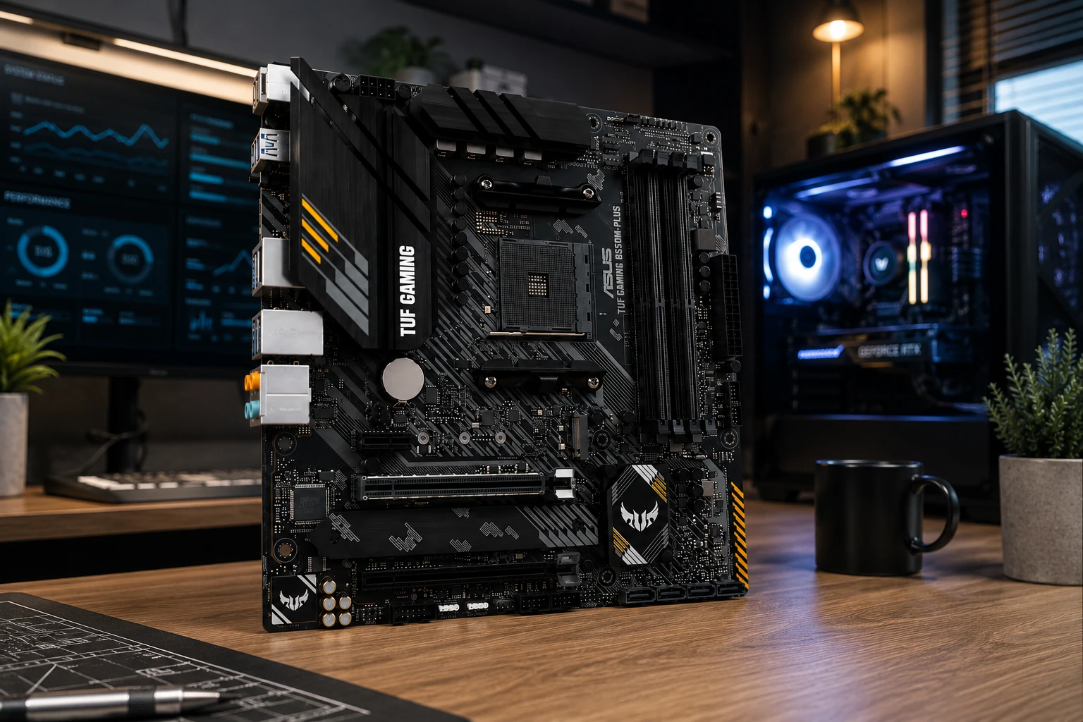 Placa-mãe Asus B550M-Plus TUF Gaming instalada em PC gamer com iluminação RGB e componentes.