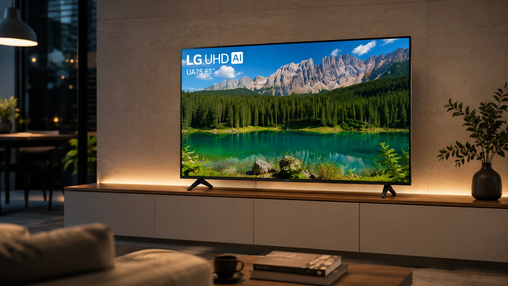 Smart TV LG UHD AI UA75 65 polegadas em sala moderna, destacando tela ampla com bordas finas e suporte discreto, exibindo conteúdo colorido.