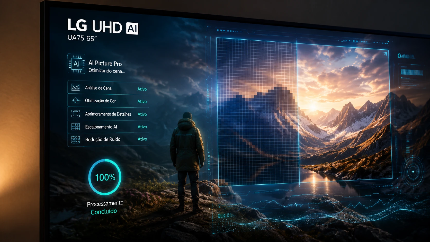 Detalhe da tela da Smart TV LG UA75 65 polegadas mostrando interface de AI e otimização de imagem em tempo real.