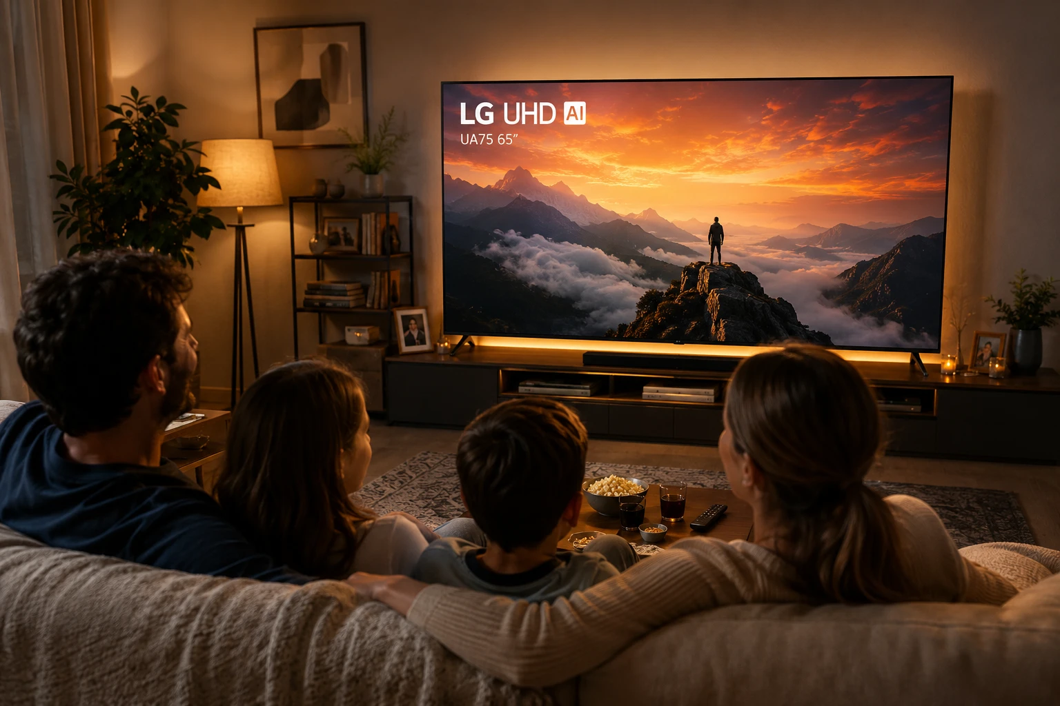 Família assistindo a um filme na Smart TV LG UA75 65 polegadas em uma sala de estar aconchegante e bem iluminada.
